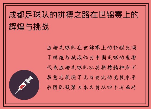 成都足球队的拼搏之路在世锦赛上的辉煌与挑战